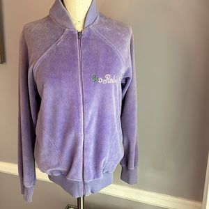 Vintage lavender velour zip front jacket with Robin embroidery Size Medium